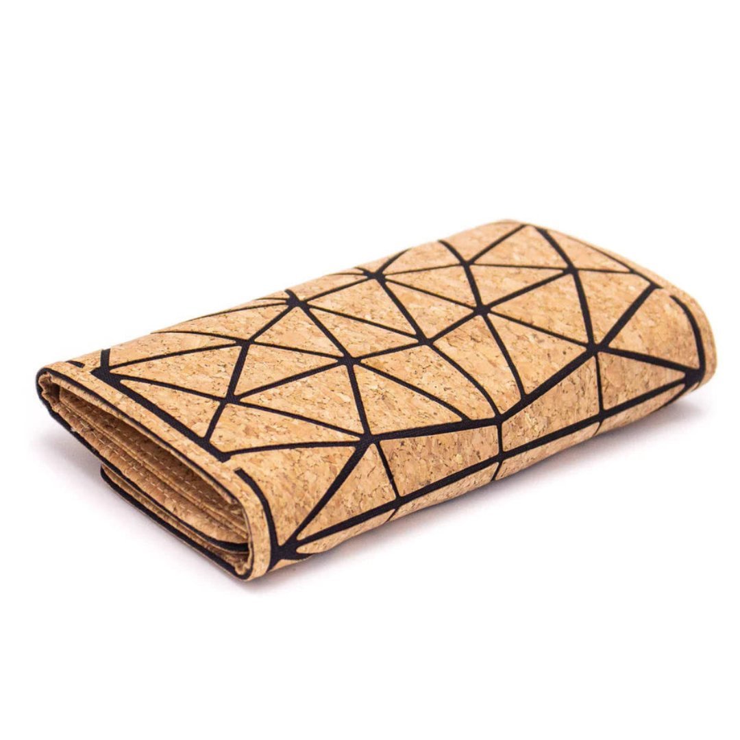 Back and end of folded Trifold Geometric Cork Wallet for Women from Texas Cork Company