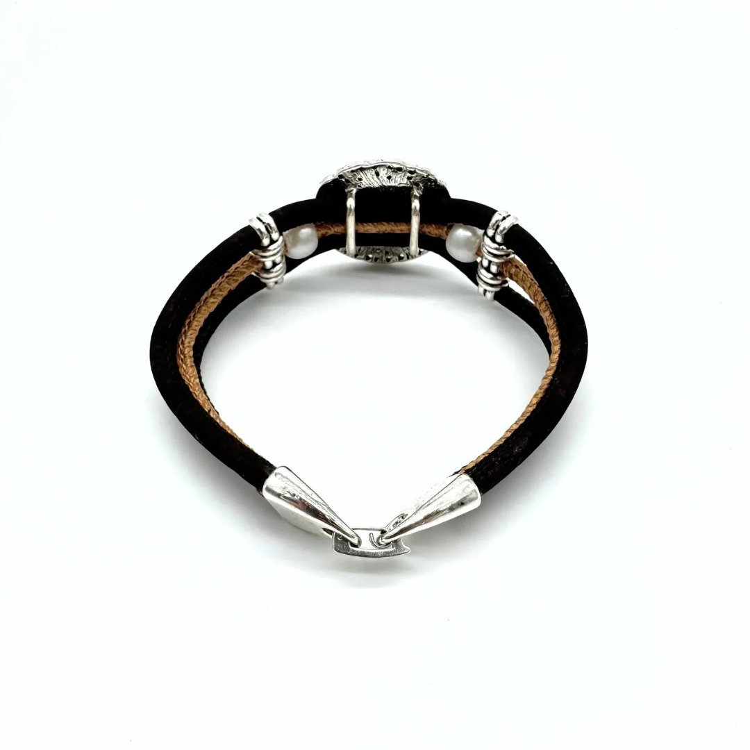 Back view of Vintagre Azulejo Cork Bracelet with Round Tile Pendant from Texas Cork Company.