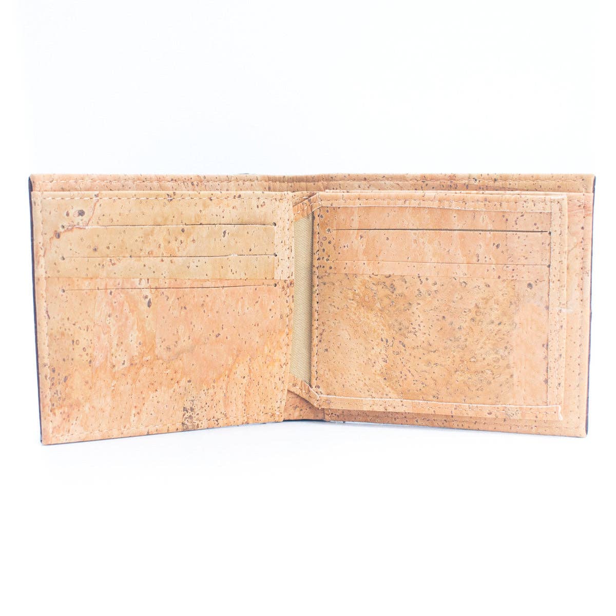 Inside view of men's bifold rfid cork wallet from Texas Cork Company