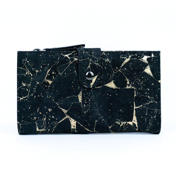 Black gold marble patterned on memphis cork wallet on a white background