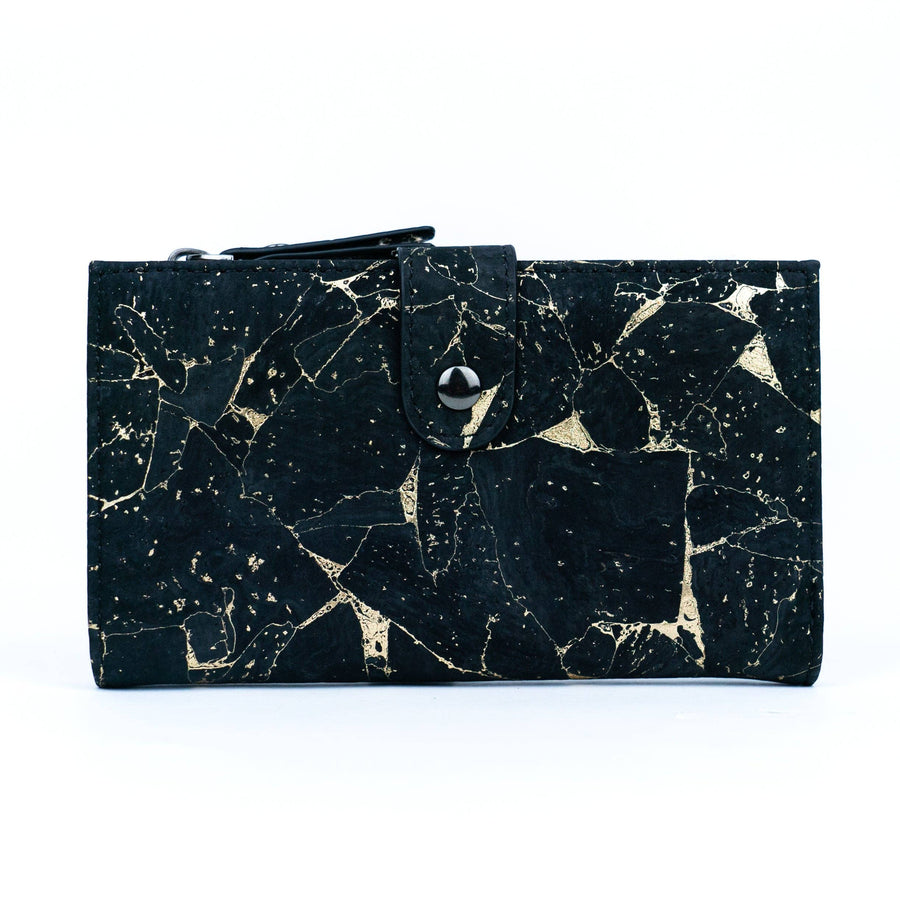 Black gold marble patterned on memphis cork wallet on a white background