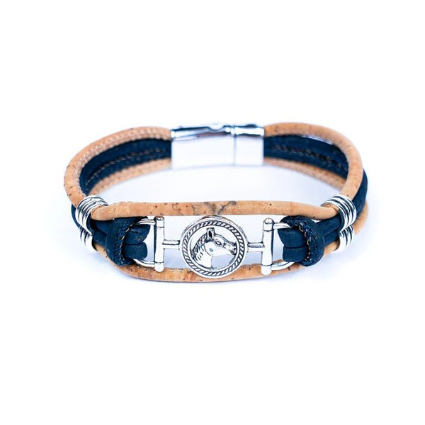 Bracelet with natural and black cork cords and a horse head charm on a white background