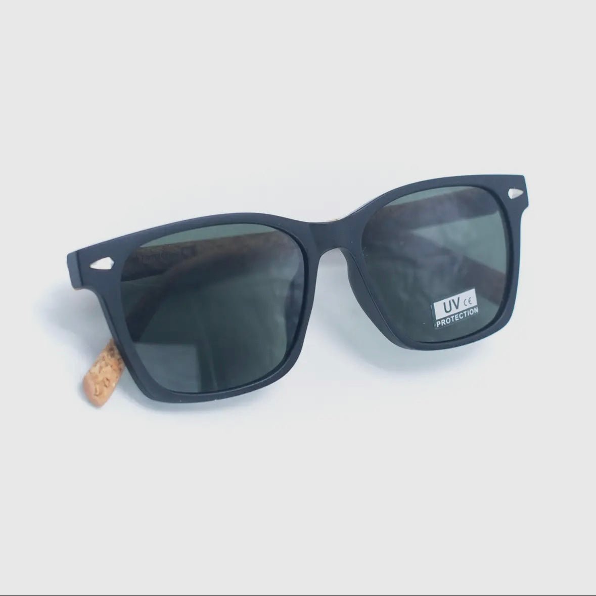 Front view of folded Black Rimmed Cork UV Sunglasses - Texas Cork Company