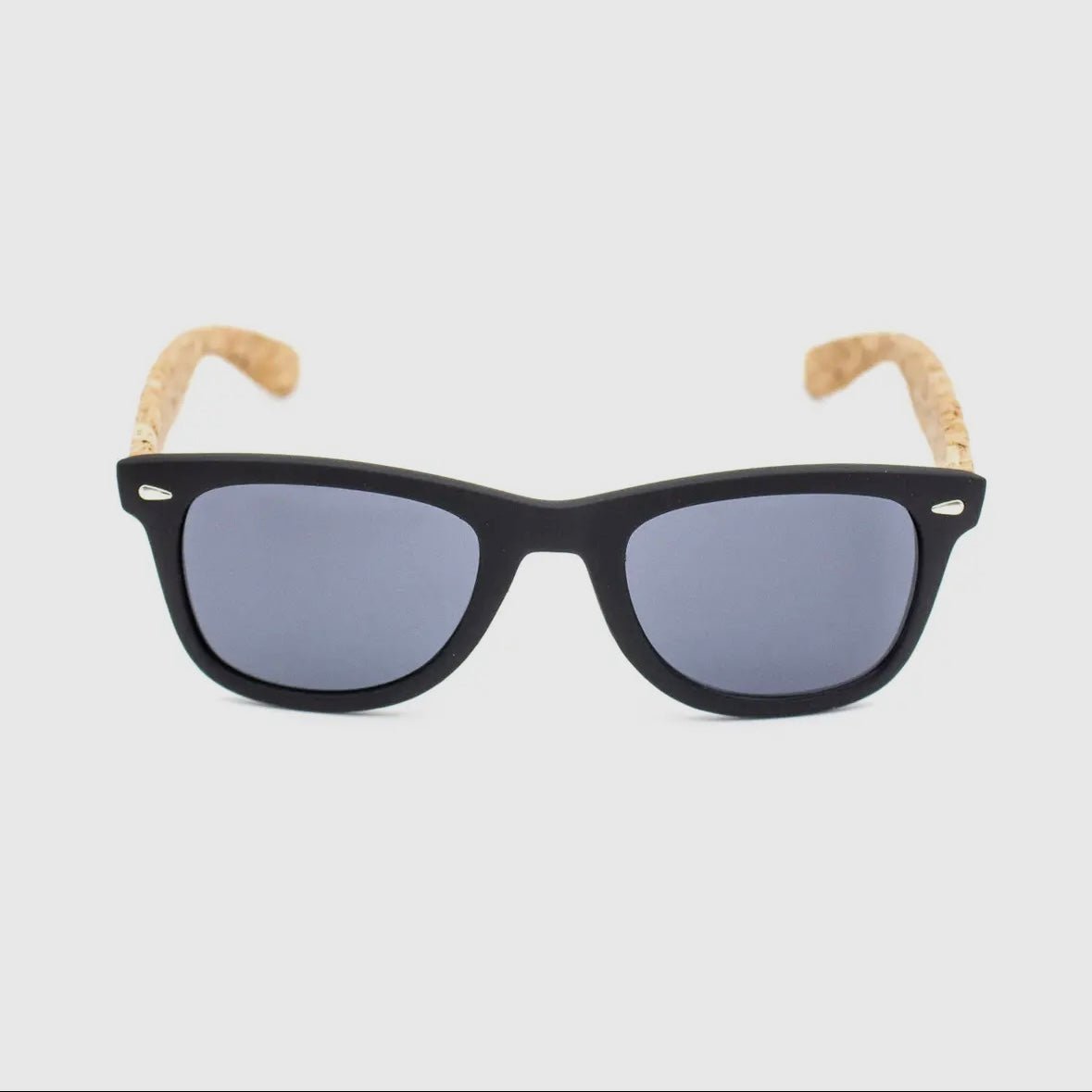Front view of Black Rimmed Cork UV Sunglasses with arms extended - Texas Cork Company