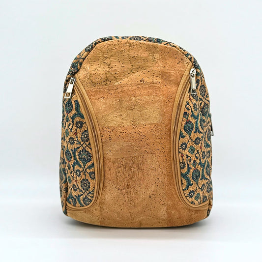 Front view of blue, teal, and red Bohemian Chic Cork Backpack with Paisley Accent Pockets from Texas Cork Company