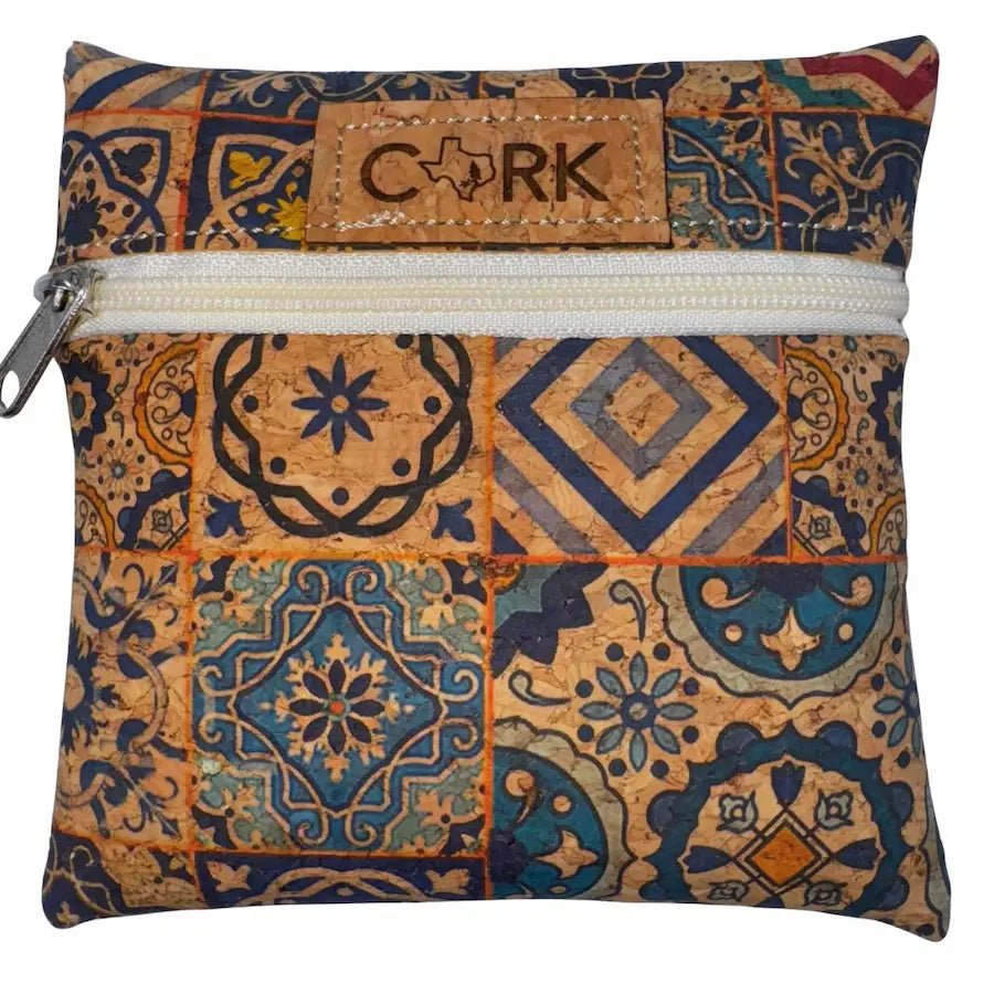 Front of Blue Tiles print coin purse with almond zipper by Texas Cork Company