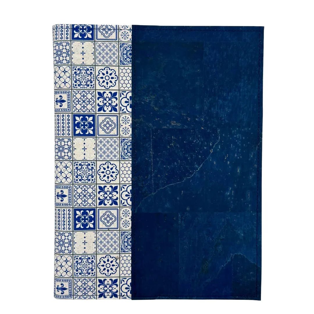 Cork Leather Spiral Cover - front - Blue Tiles with Navy accent on right border
