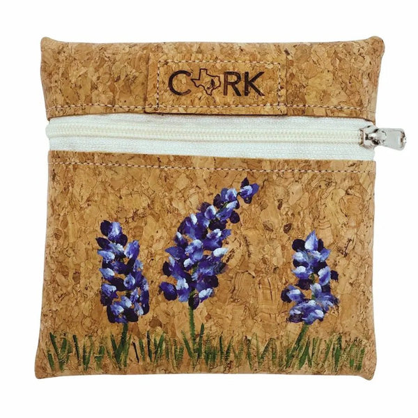 Front of Bluebonnet hand painted Reno coin pouch with almond zipper by Texas Cork Company