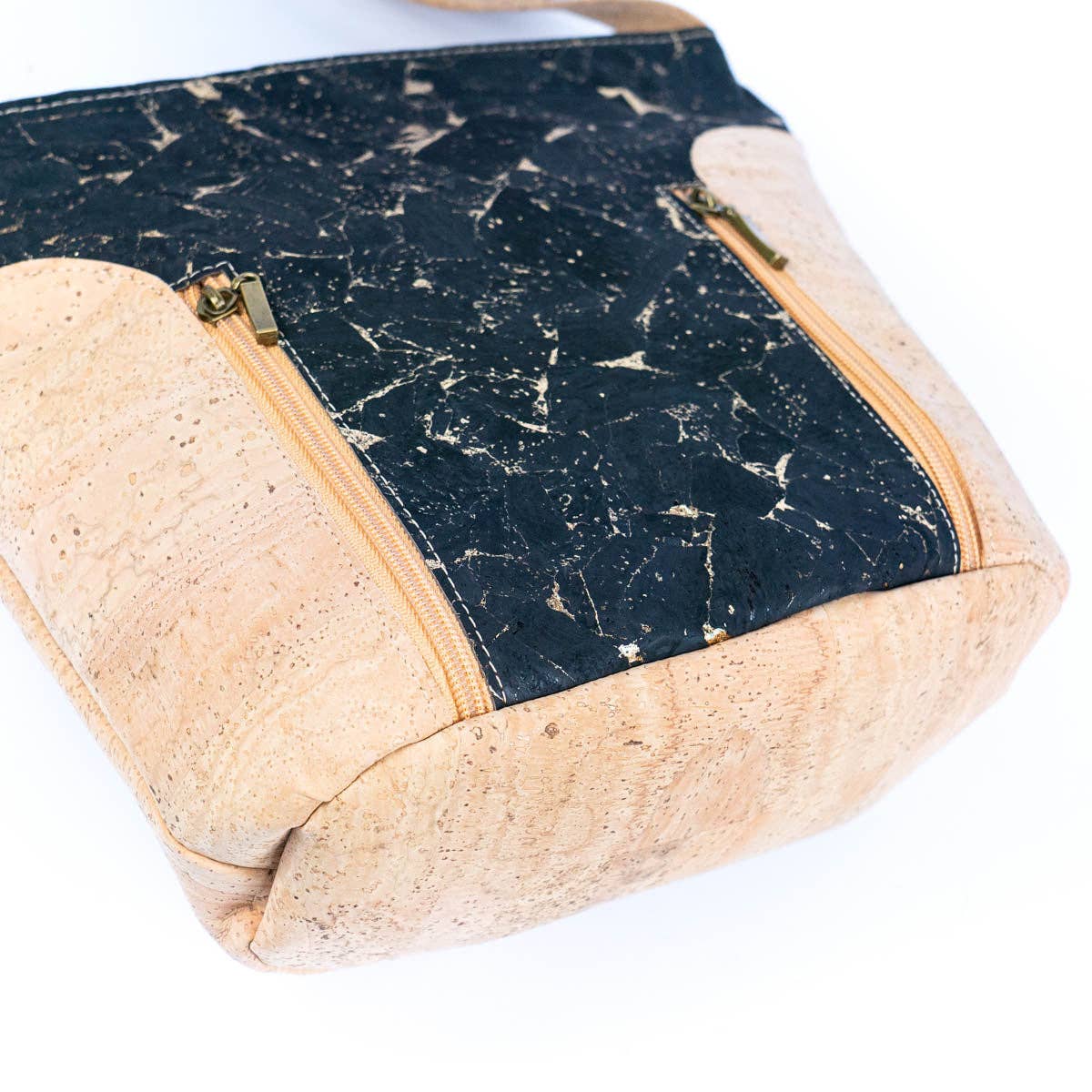 Bottom view of Eco-Friendly Cork Purse with Stylish Vertical Front Zippers from Texas Cork Company