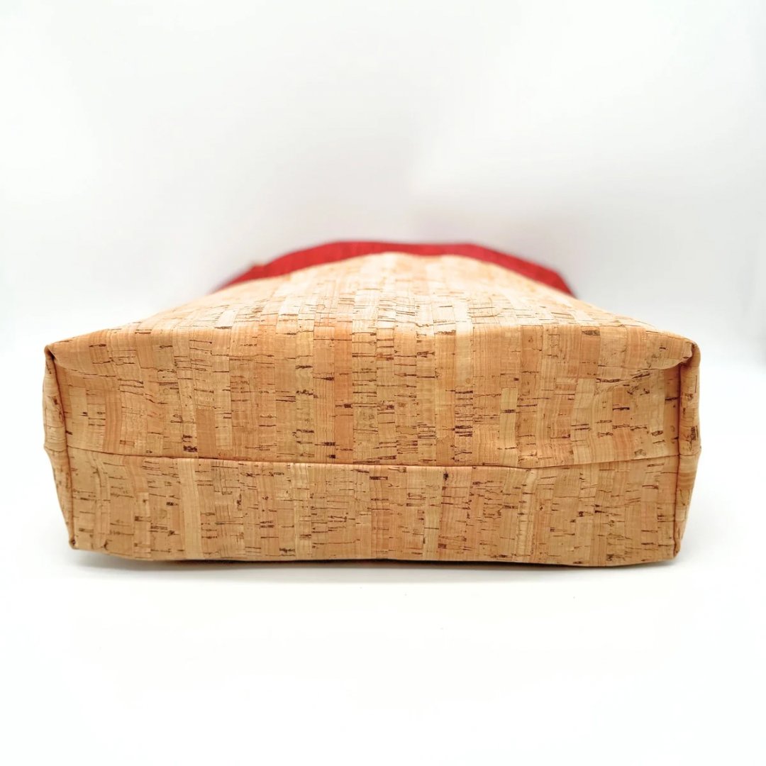 Bottom view of Cork and Fabric Purse Tote - red fabric with vegan aggregate cork bottom