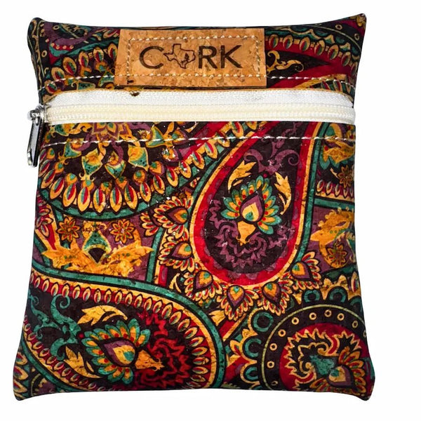 Front of Bright Paisley print coin purse with almond zipper by Texas Cork Company