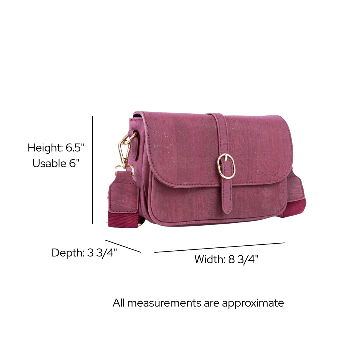 Dimensions of Brooklyn Cork Crossbody in Maroon
