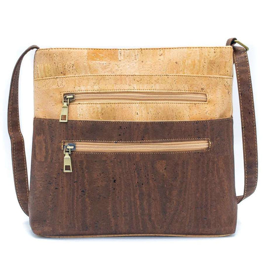 Front view of natural and brown Two-Toned Cork Crossbody with Large Slip Pocket from Texas Cork Company