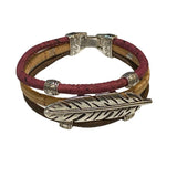 Burgundy, natural, brown 3 Layer cork cord bracelet with feather charm from Texas Cork Company