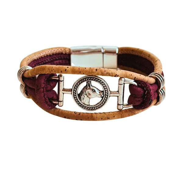 Bracelet with horse head design on a cork cord on a white background