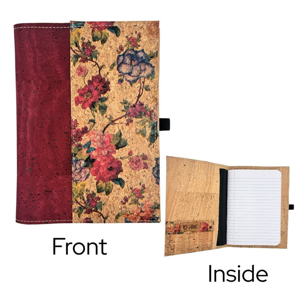 Cork Leather Notebook Cover - Small Refillable Notebook - Burgundy with Roses Right Border