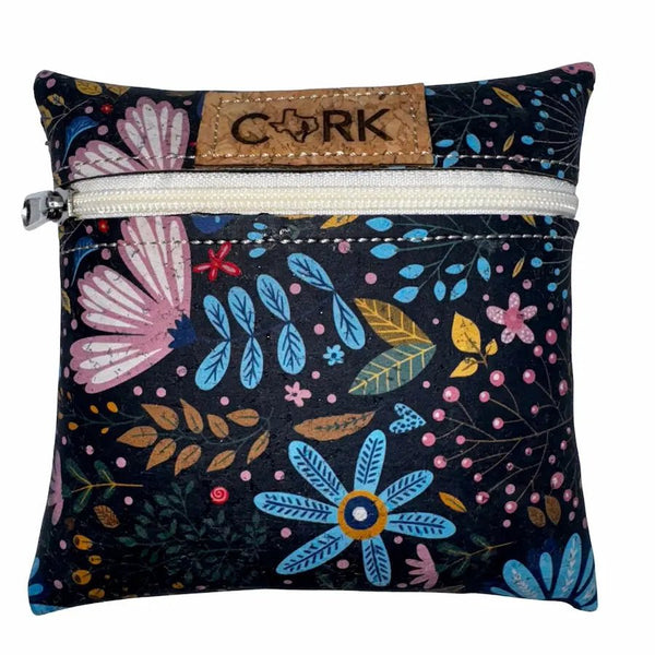 Front of Butterflies & Flowers print coin purse with almond zipper by Texas Cork Company