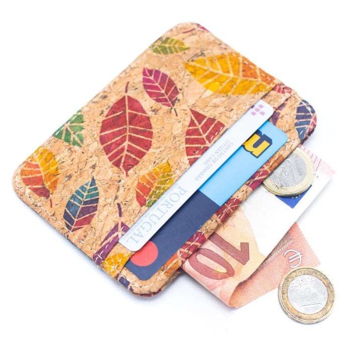 Cards and cash in Patterned Cork Slim Card Wallet from Texas Cork Company