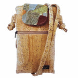 Cork cell phone bag with a patchwork flap on a white background
