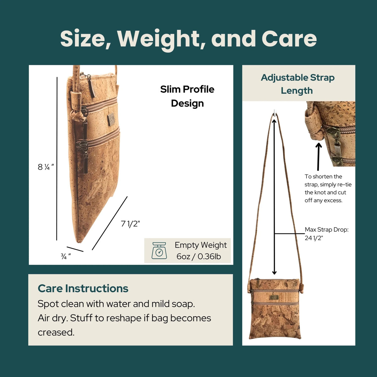 An informational graphic titled 'Size, Weight, and Care' showing a brown textured shoulder bag with dimension callouts for slim profile design and adjustable strap length, plus care instructions on a dark teal background.