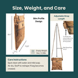 An informational graphic titled 'Size, Weight, and Care' showing a brown textured shoulder bag with dimension callouts for slim profile design and adjustable strap length, plus care instructions on a dark teal background.