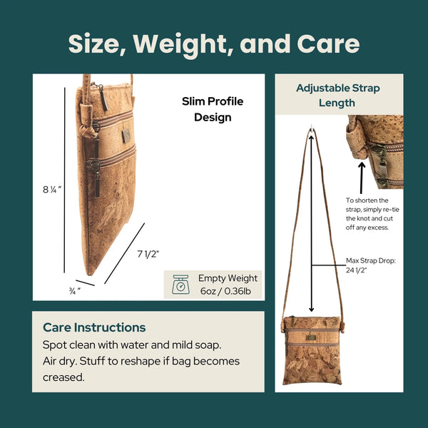 An informational graphic titled 'Size, Weight, and Care' showing a brown textured shoulder bag with dimension callouts for slim profile design and adjustable strap length, plus care instructions on a dark teal background.