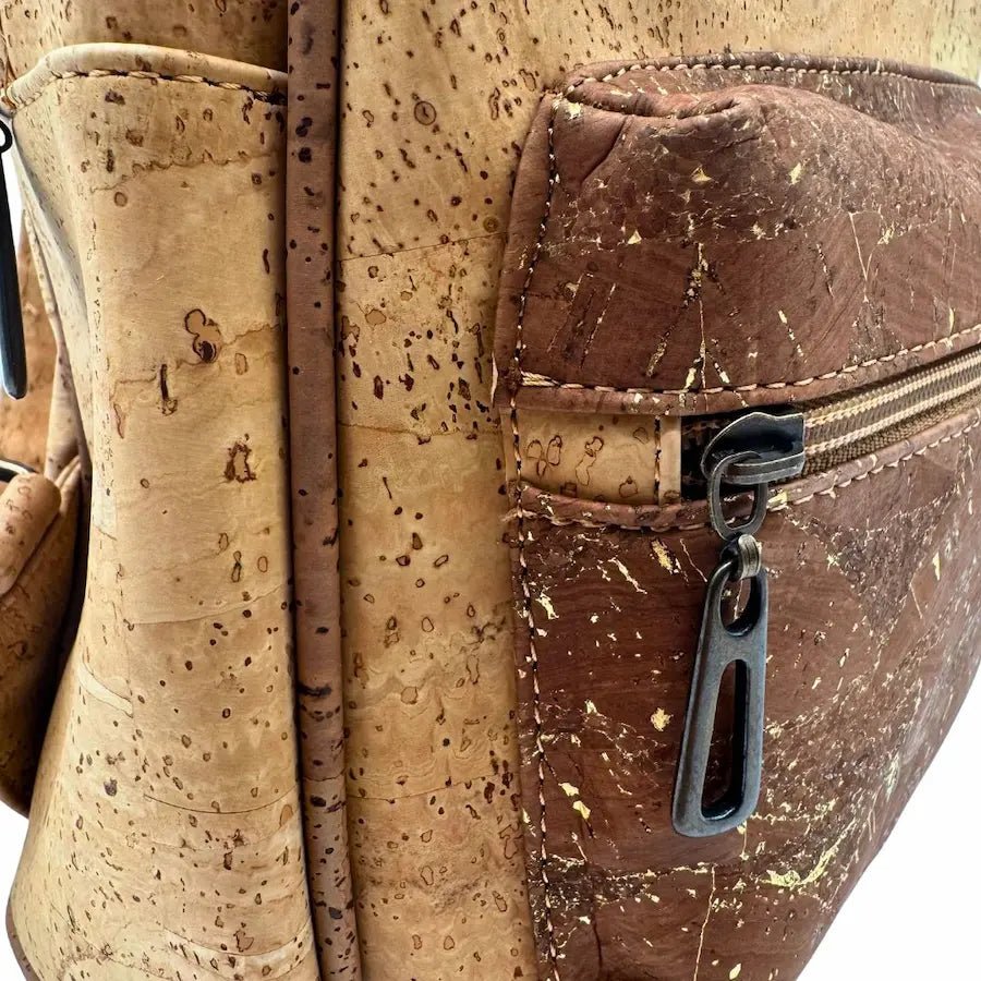 Cheyenne Cork backpack close-up showing zipper and stitching