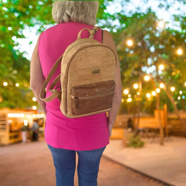 Cheyenne Cork backpack on a woman's shoulder