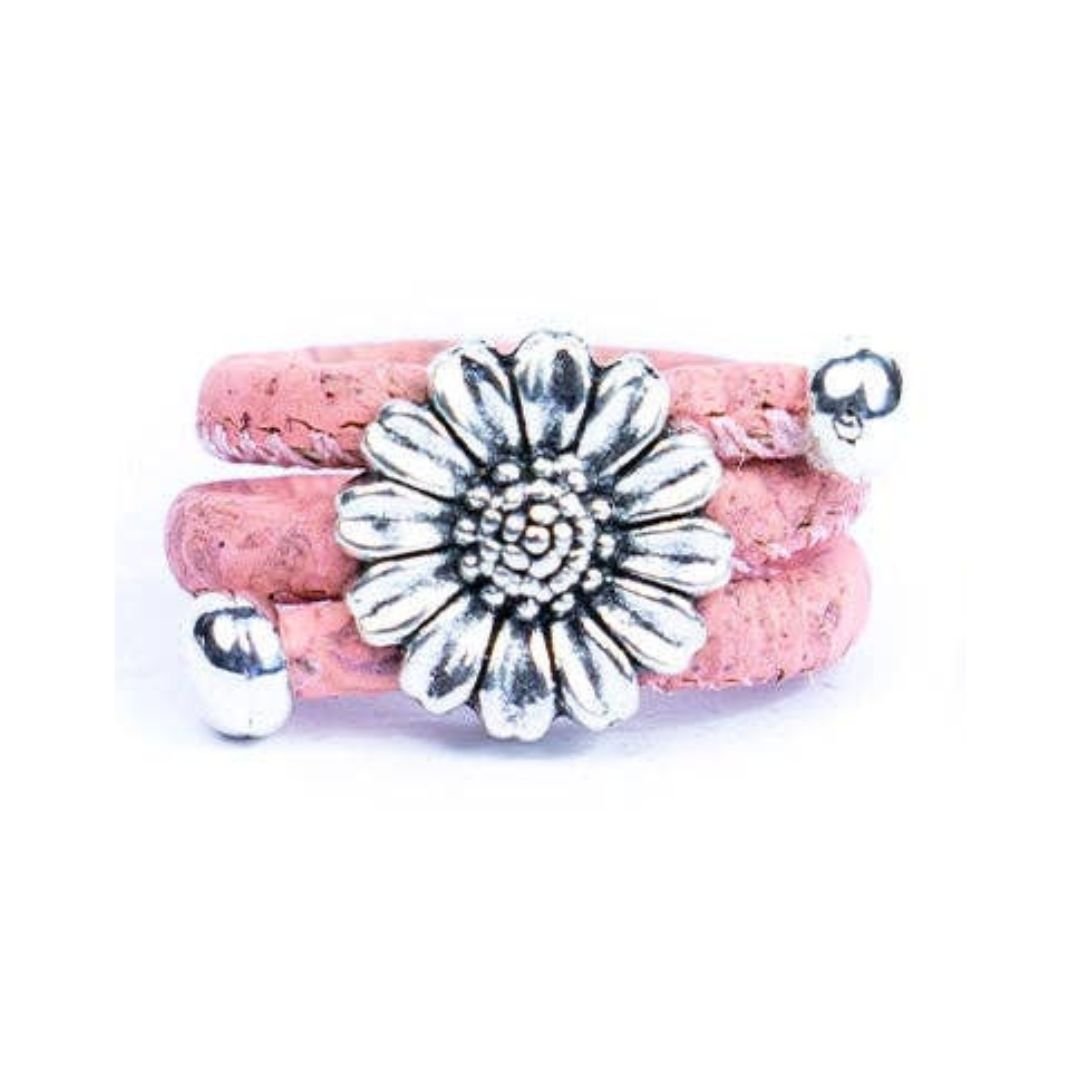 Pink adjustable cork ring with chrysanthemum pendant from Texas Cork Company