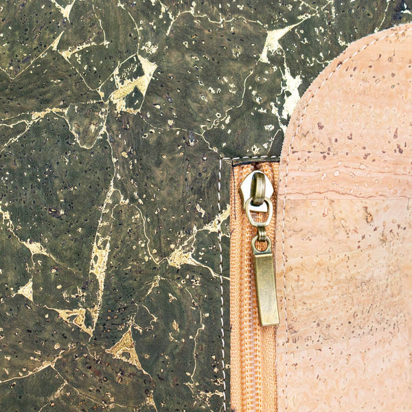 Closeup of Olive Green Molten and Natural cork from Texas Cork Company