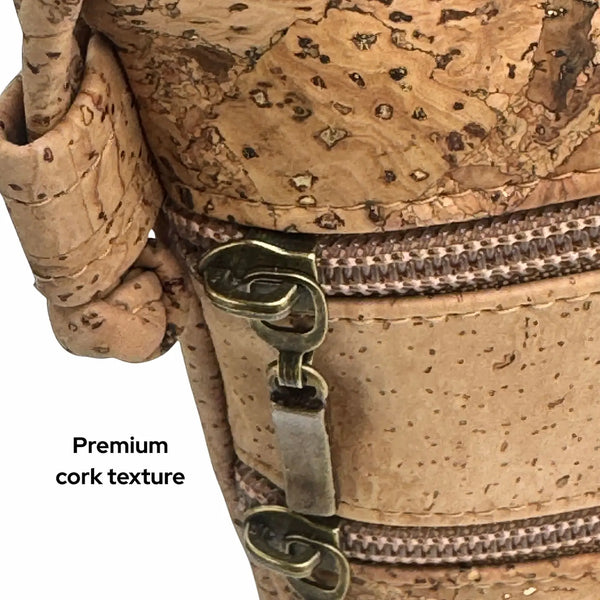 Close-up of the Charleston bag with a zipper and strap end showing craftsmanship..