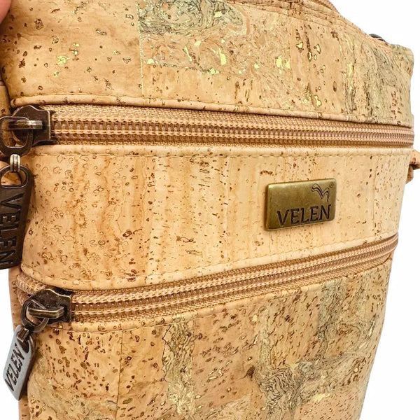 Close up of Charleston Cork Triple Zip Crossbody Bag