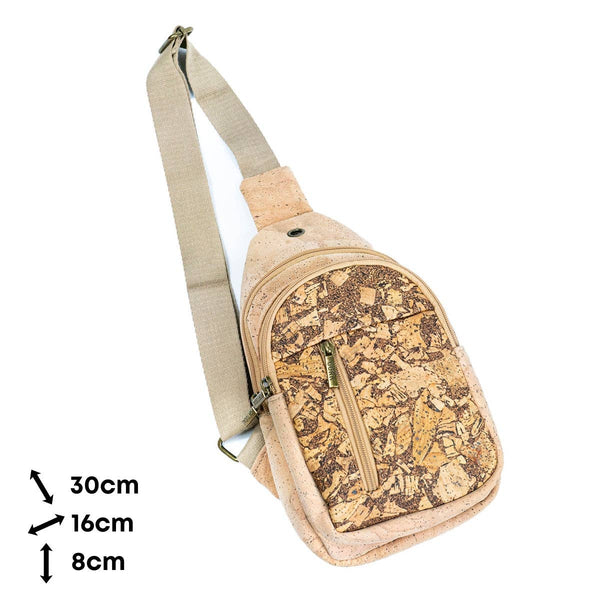 Dimensions in centimeters of coffee cork chest sling travel bag from Texas Cork Company