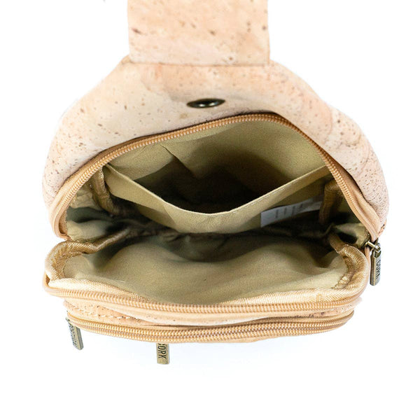 Inside of coffee cork chest sling travel bag from Texas Cork Company
