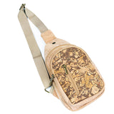 Extended strap of coffee cork chest sling travel bag from Texas Cork Company