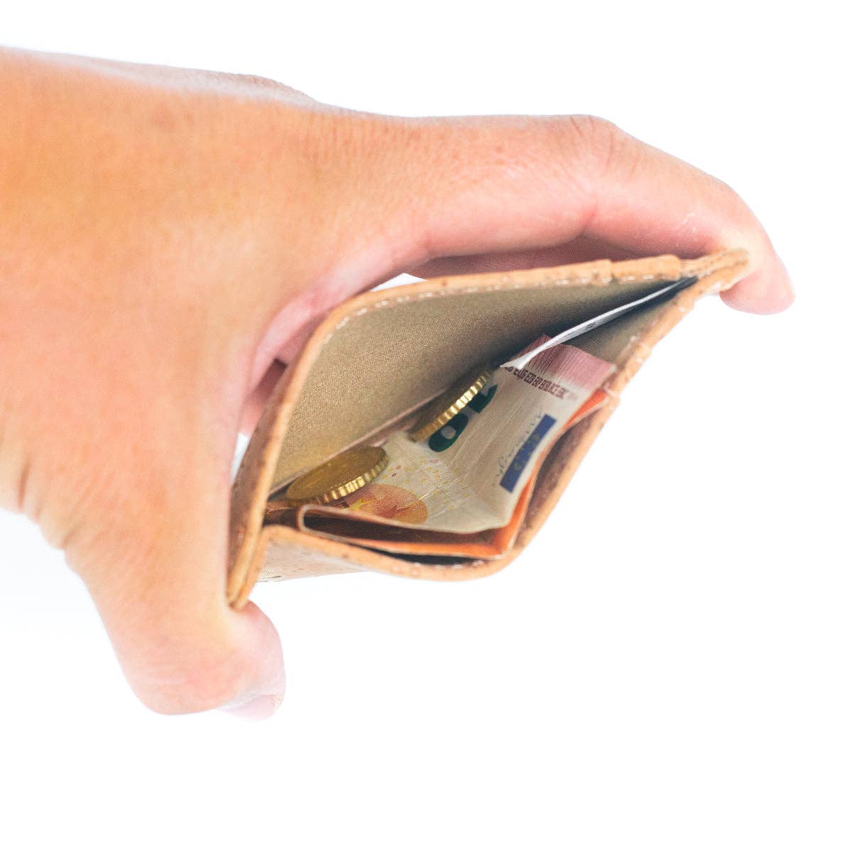 Cork minimalist RFID card wallet showing money in middle slot