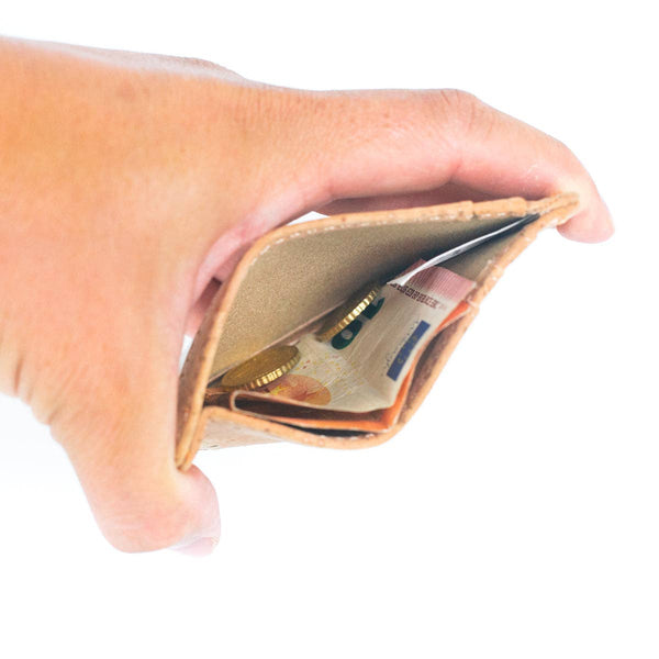 Cork minimalist RFID card wallet showing money in middle slot