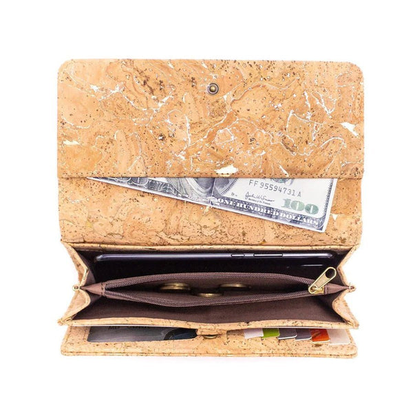 Coin and phone slots of Molten Gold Trifold Cork Wallet for Women from Texas Cork Company
