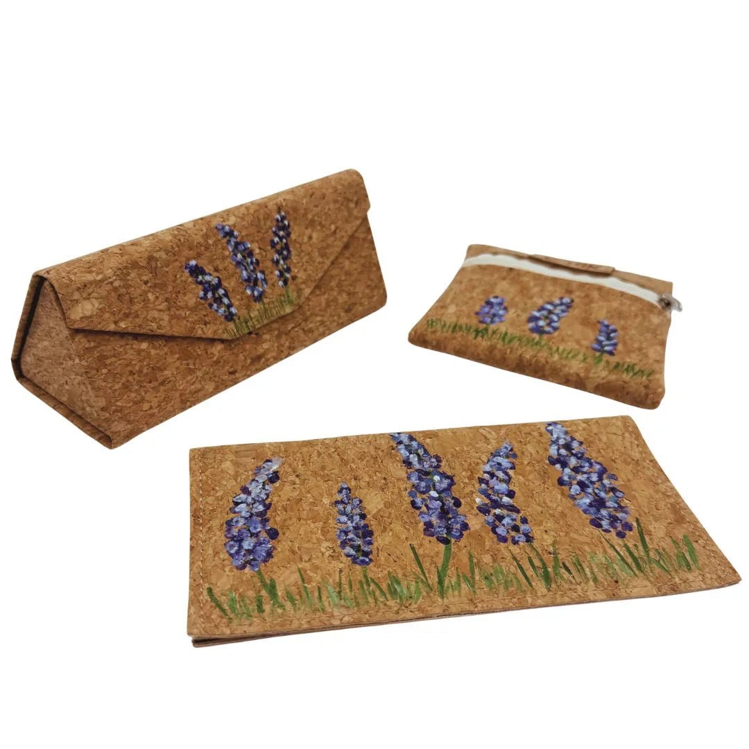 Cork checkbook cover (Bushy), coin pouch and glasses case all with hand-painted bluebonnets
