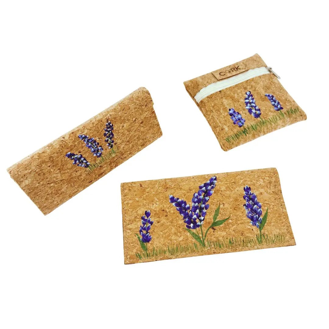 Cork checkbook cover (Trio), coin pouch and glasses case all with hand-painted bluebonnets