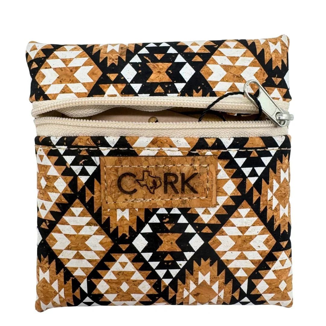 Front of Aztec print coin purse with almond zipper by Texas Cork Company