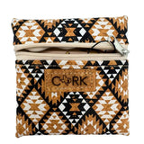 Front of Aztec print coin purse with almond zipper by Texas Cork Company