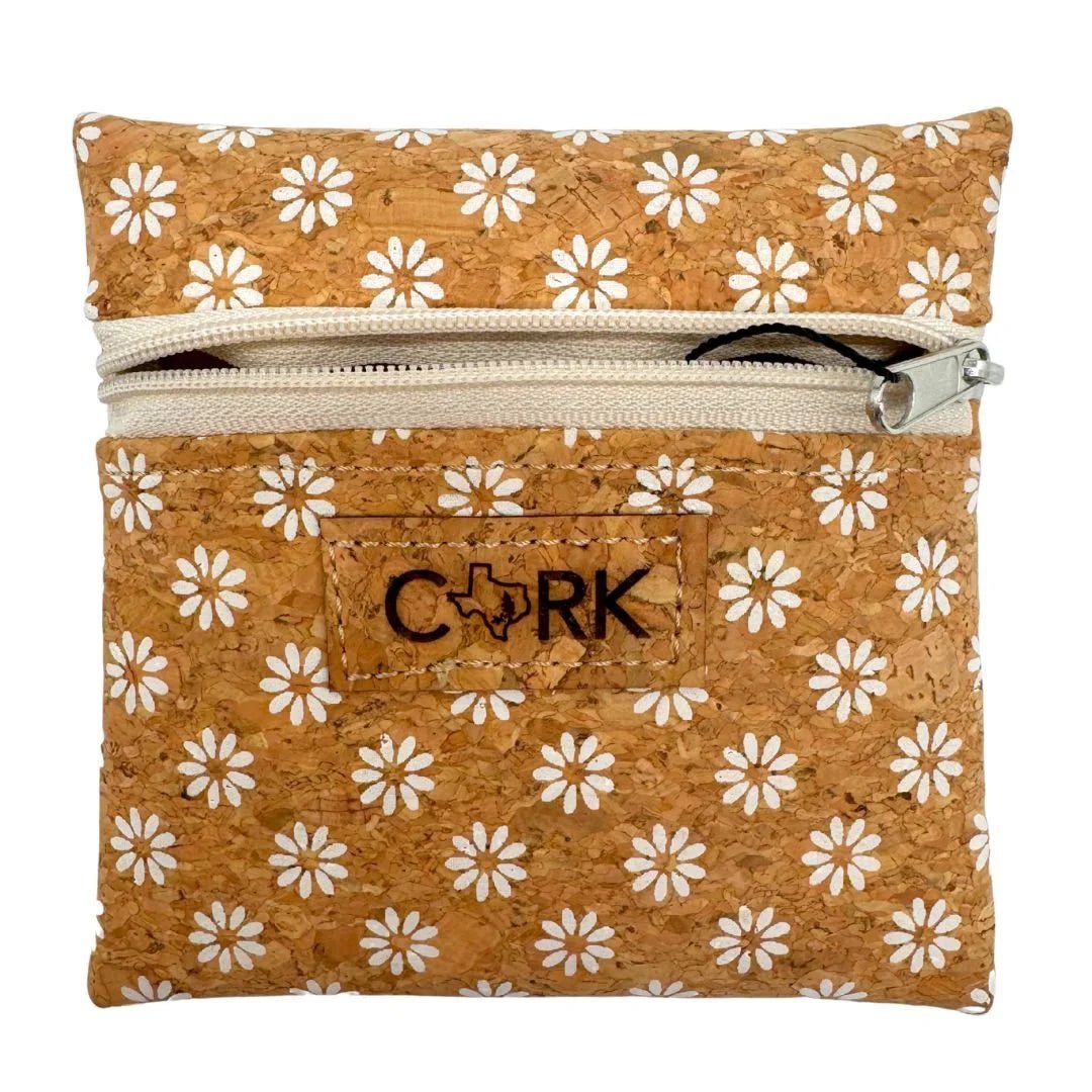 Front of daisies print coin purse with almond zipper by Texas Cork Company