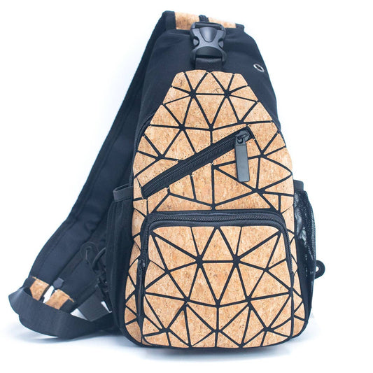 Front view of the irregular triangles pattern of convertible backpack/chestbag from Texas Cork Company