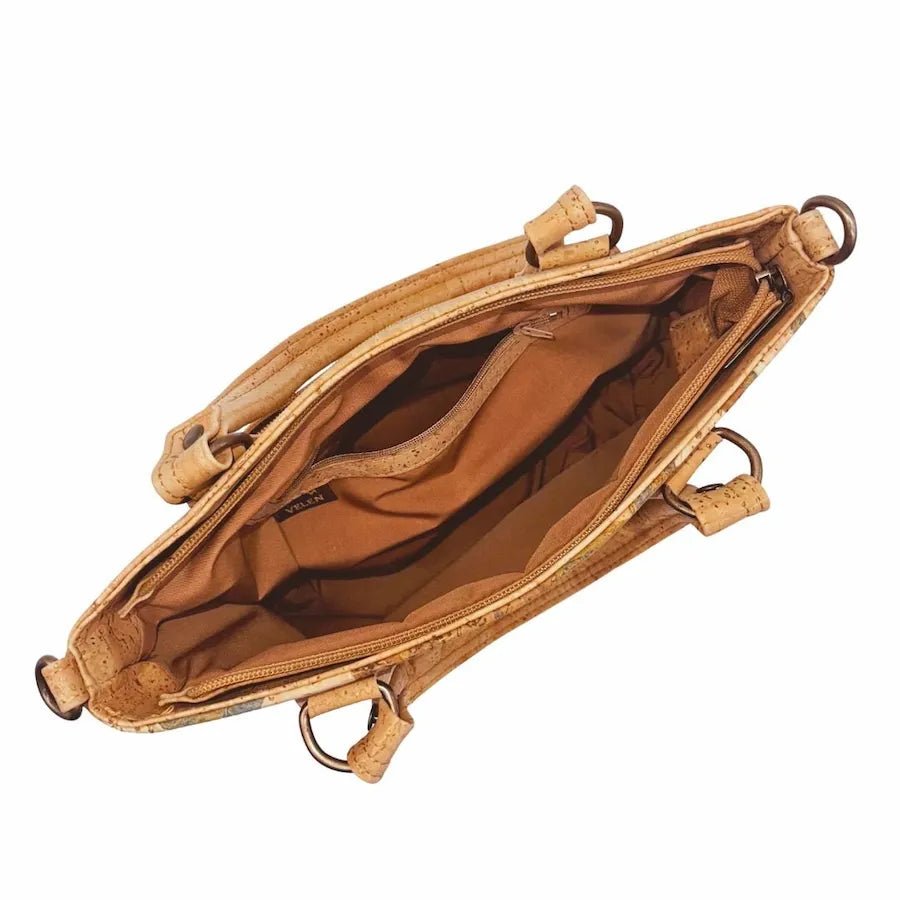 Interior of convertible  handbag in Napa Luxe style displaying organized compartments for daily essentials.