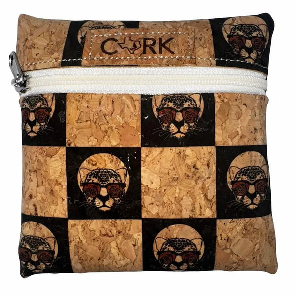 Front of Cool Cat print coin purse with almond zipper by Texas Cork Company