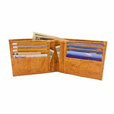 Open Santa Fe cork billfold showing card slots, bill slots, and hidden pockets for receipts and notes or more cards or money.