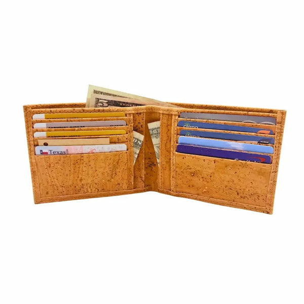 Open Santa Fe cork billfold showing card slots, bill slots, and hidden pockets for receipts and notes or more cards or money.