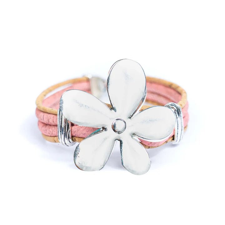 Front of pink cork bracelet with flower pendant