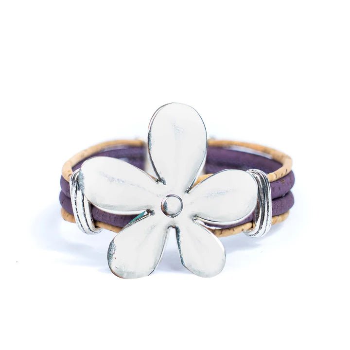 Front of purple cork bracelet with flower pendant
